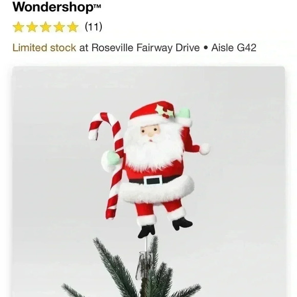 NIB 14.75" Fabric Santa with Candy Cane Christmas Tree Topper Red/White - Picture 2 of 6